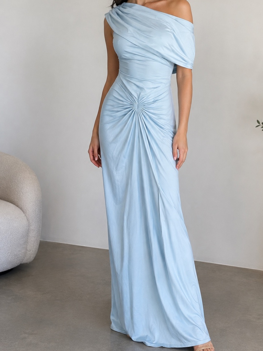 Elegant One-Shoulder Light Blue Evening Gown